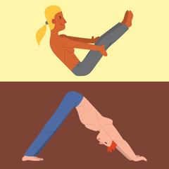 Yoga positions mans characters class vector card illustration meditation male concentration human peace sport lifestyle relaxation health exercise.