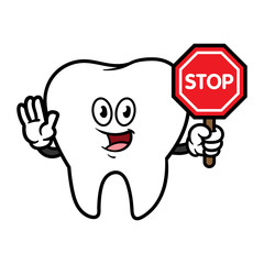 Cartoon Tooth Character Holding Stop Sign