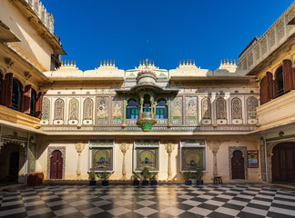 Peacock courtyard (Mor Chowk) in Udaipur city palace, India. © BigGabig