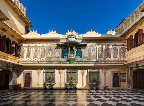 Peacock courtyard (Mor Chowk) in Udaipur city palace, India.