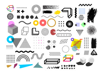 Set of universal trend halftone geometric shapes juxtaposed with bright bold color elements composition. Design elements for leaflet, billboard, sale. Vector illustration. Isolated on white background