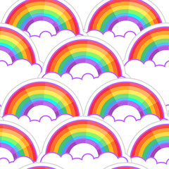 Rainbows and clouds seamless pattern. Trendy stylish texture. Repeating colorful tile, artwork for print and textiles. Isolated vector illustration.