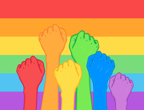 Fight for gay rights. Human hands (fists) raised up. Rainbow color Vector illustration. Flag of LGBT community. Cartoon sticker with contour. posters, patches, prints