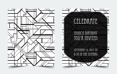 Art Deco vintage invitation template design. patterns and frames. Retro party geometric background set (1920's style). Vector illustration,  thematic wedding or jazz party.