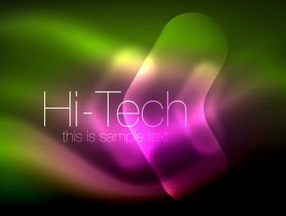 Blurred arrows in dark space. Neon pointers, glass glossy design, abstract shiny techno background, web banner