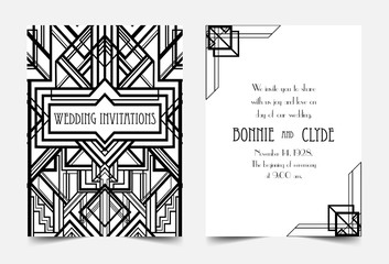 Art Deco vintage invitation template design. patterns and frames. Retro party geometric background set (1920's style). Vector illustration,  thematic wedding or jazz party.