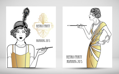 Art Deco vintage invitation template design. patterns and frames. Retro party geometric background set (1920's style). Vector illustration,  thematic wedding or jazz party.