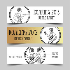 Art Deco vintage invitation template design. patterns and frames. Retro party geometric background set (1920's style). Vector illustration,  thematic wedding or jazz party.