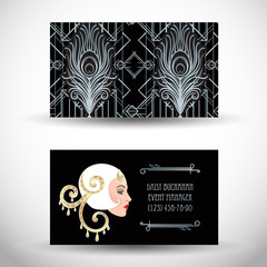 Art Deco vintage invitation template design with illustration of flapper girl. patterns and frames. Retro party background set (1920's style). Vector for glamour event, thematic wedding