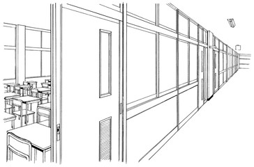 漫画風ペン画イラスト　学校（廊下）