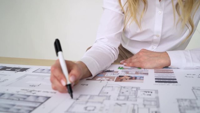 University student of Interior Design doing homework, completing housing project for final exam. 4 k