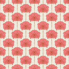 Fototapeta na wymiar Vintage seamless pattern with pink flowers. Art nouveau style. Vector illustration. Vintage Fabric, textile, wrapping paper, textiles, wallpaper.