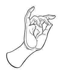 Lord Buddha's hand with eye. Isolated vector illustration of Mudra. Hindu motifs. Tattoo, yoga, spirituality, textiles. Sketchy style, hand drawn. Vintage drawing.