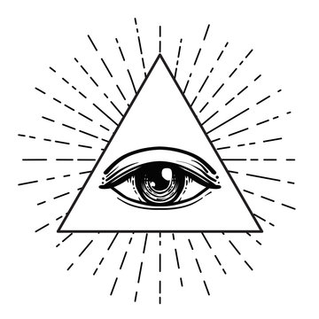 Tattoo flash. Eye of Providence. Masonic symbol. All seeing eye inside triangle pyramid. New World Order. Sacred geometry, religion, spirituality, occultism. Isolated illustration.