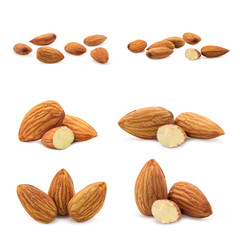 group of almonds isolated on a white background.