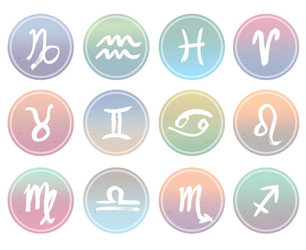 Set of twelve simple star sign zodiac symbols painted in pastel gradient circles on clean white background