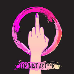 Women's March. Female hand with her fist raised up. Girl Power. Feminism concept. Realistic isolated vector illustration in pink hand drawn watercolor circle. Sticker