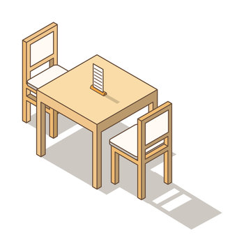 Isometric furniture chairs and table. Design elements for an interior of the house or restaurant. Line art vector.