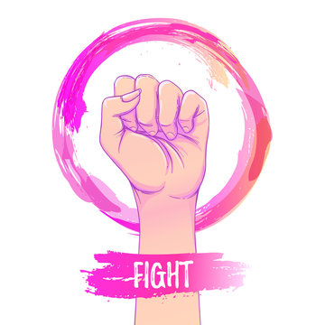 Women's March. Female hand with her fist raised up. Girl Power. Feminism concept. Realistic isolated vector illustration in pink hand drawn watercolor circle. Sticker