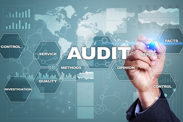 Audit business concept. Auditor. Compliance. Virtual screen technology.