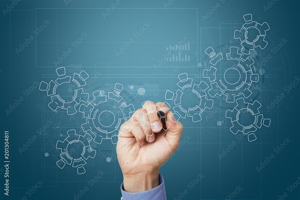 Poster gears on virtual screen. business strategy and technology concept. automation process.