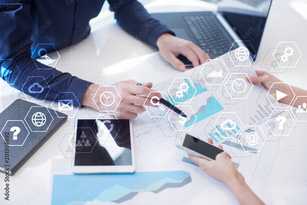 Poster virtual screen interface with applications icons. apps. strategy planning internet technology concep