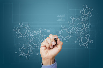 Gears on virtual screen. Business strategy and technology concept. Automation process.