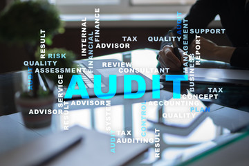 Audit business concept. Auditor. Compliance. Virtual screen technology. Words cloud.