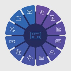 business, money, education Infographic Circle outline Icons Set. Contains such Icons as  payment,  graph,  hammer,  gold,  credit, bitcoin,  banking,  chart and more. Fully Editable. Pixel Perfect..