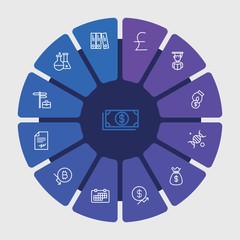 business, money, education Infographic Circle outline Icons Set. Contains such Icons as  job,  young,  signature,  agreement, currency,  finance,  paper, sack and more. Fully Editable. Pixel Perfect..