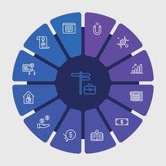 business, money, education Infographic Circle outline Icons Set. Contains such Icons as  business,  elegant,  home,  usd,  education,  diploma,  market,  tool and more. Fully Editable. Pixel Perfect..