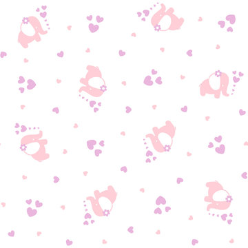 cute baby elephants seamless pattern with hearts on white background, design for baby girl