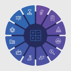 business, money, education Infographic Circle outline Icons Set. Contains such Icons as  paper,  search,  credit,  college,  online,  button,  learning,  card and more. Fully Editable. Pixel Perfect..
