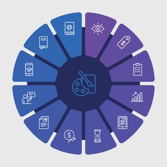 business, money, education Infographic Circle outline Icons Set. Contains such Icons as  internet,  technology,  ebook, mail,  office,  artistic,  currency and more. Fully Editable. Pixel Perfect..