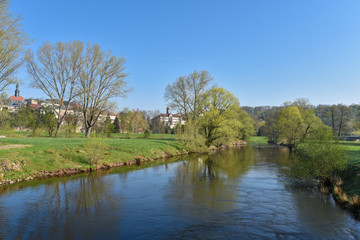 Fototapeta na wymiar Waldenburg Saxony spring river mulde architecture