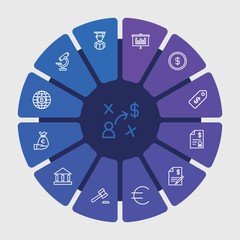business, money, education Infographic Circle outline Icons Set. Contains such Icons as  price,  male, investment,  cash, money,  business,  hammer,  strategy and more. Fully Editable. Pixel Perfect..