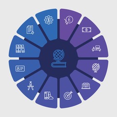 business, money, education Infographic Circle outline Icons Set. Contains such Icons as finance,  banking,  ebook,  globe,  cloud,  world,  cash,  student and more. Fully Editable. Pixel Perfect..