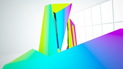 Abstract white and colored gradient  interior multilevel public space with window. 3D illustration and rendering.