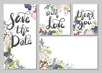 Save the date. A set of cards for invitations, congratulations, etc. A set of cards with flowers and berries