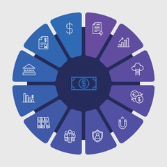 business, money, education Infographic Circle outline Icons Set. Contains such Icons as security,  people,  team,  graph, climb,  illustration,  business and more. Fully Editable. Pixel Perfect..