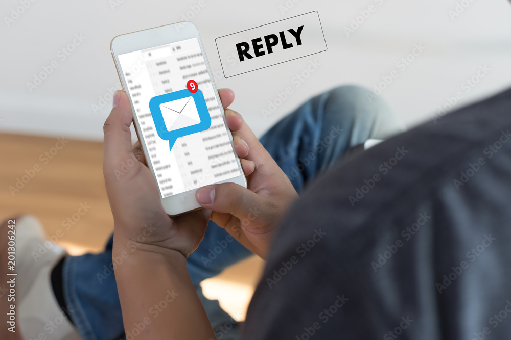 Poster reply the message email on computer businessman is working to important reminder