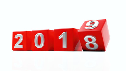 New year 2019, year turn. Digits on red cubes isolated on white background. 3d illustration