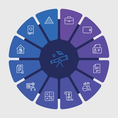 business, money, education Infographic Circle outline Icons Set. Contains such Icons as  telescope,  signature,  diploma,  button,  education,  business,  sky and more. Fully Editable. Pixel Perfect..