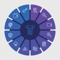 business, money, education Infographic Circle outline Icons Set. Contains such Icons as  cash,  book,  job,  knowledge, mentor,  upload,  door,  building, key and more. Fully Editable. Pixel Perfect..