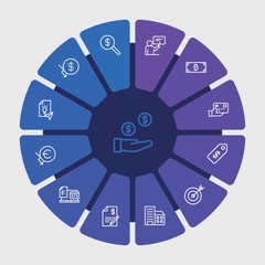 business, money, education Infographic Circle outline Icons Set. Contains such Icons as  target, payment,  city,  credit,  paper,  card,  architecture, euro and more. Fully Editable. Pixel Perfect..