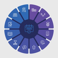 business, money, education Infographic Circle outline Icons Set. Contains such Icons as  profit,  open,  clock, agreement, education,  science,  literature and more. Fully Editable. Pixel Perfect..