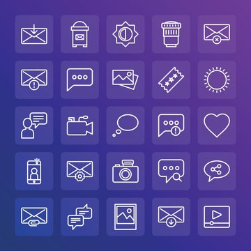 Modern Simple Set of chat and messenger, video, photos, email Vector outline Icons. ..Contains such Icons as  equipment, download,  get and more on gradient background. Fully Editable. Pixel Perfect.