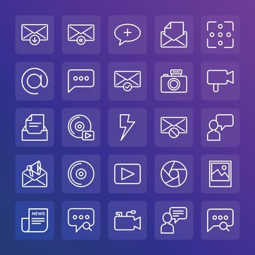 Modern Simple Set of chat and messenger, video, photos, email Vector outline Icons. ..Contains such Icons as  email,  technology,  photo and more on gradient background. Fully Editable. Pixel Perfect.