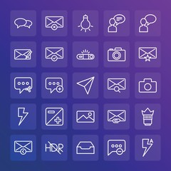 Modern Simple Set of chat and messenger, video, photos, email Vector outline Icons. ..Contains such Icons as camera,  light, message and more on gradient background. Fully Editable. Pixel Perfect.
