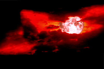 full blood moon back space silhouette dark red sky, concept eye of evil, eye of nightmare